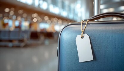 Closeup of modern navy suitcase with blank luggage tag in empty airport terminal, ideal for branding or travel design mockup presentation purposes. - Powered by Adobe