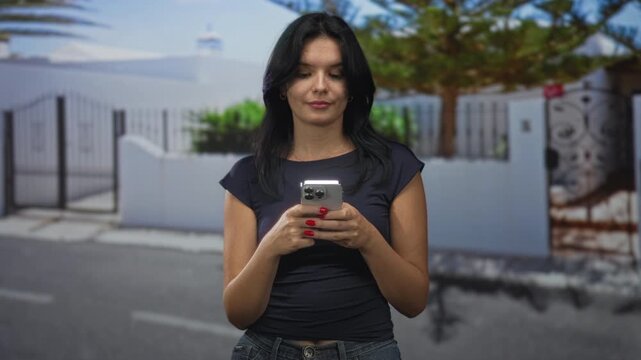 Young woman holding silver triple lens smartphone and scrolling through messages on a quiet street in daylight; digital connection focus.