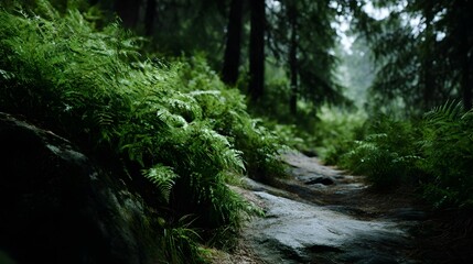 Obraz premium A cinematic view of a forest path winding through dense ferns and mossy rocks