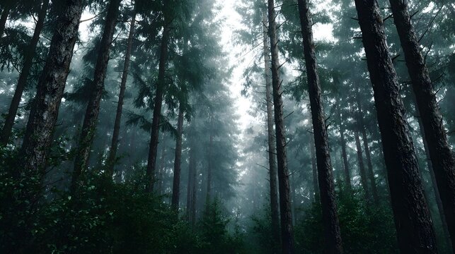 Atmospheric view looking up through a dense misty forest of tall evergreen pine trees in soft natural light