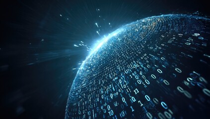 Conceptual graphic shows a digital globe with binary code, data streams, and light bursts