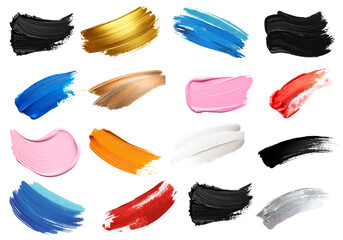 Set aus bunten Pinselstrichen – Aquarell-Texturen in verschiedenen Farben auf weißem Hintergrund