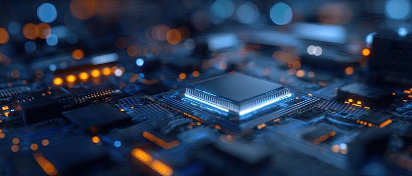 Close-up of a circuit board with a central processor illuminated in blue and orange light