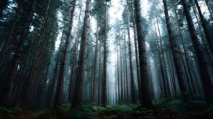 Obraz premium Dense misty forest of tall evergreen trees with lush green undergrowth and atmospheric light