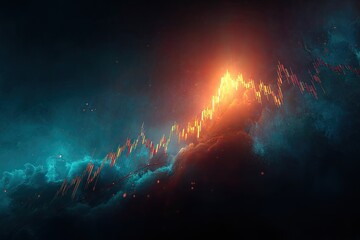 A vivid illustration of a stock market chart amid dramatic clouds and a fiery glow