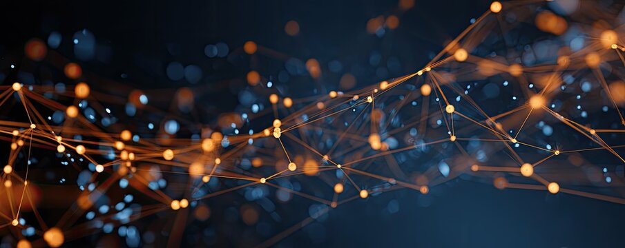 An abstract image of orange and blue points connected by lines against a dark blue background