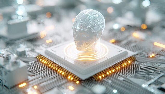 A futuristic glowing brain form hovers over a circuit board, concept of artificial intelligence