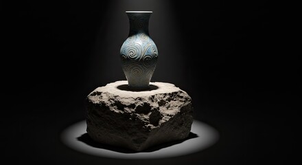 Elegant Blue Swirl Vase on Stone Pedestal, Dramatic Lighting, Dark Background.