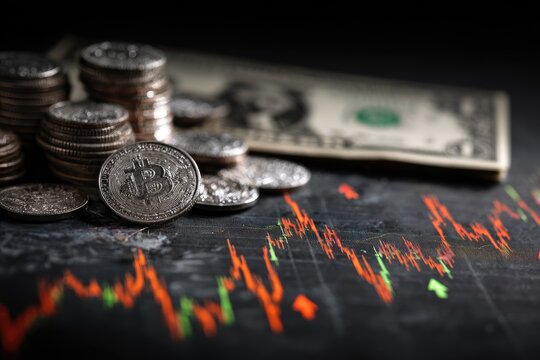 Crypto concept featuring stacked coins, dollar bill, and a graph overlay with red & green lines