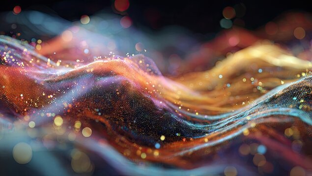 Abstract flowing energy, resembling a colorful ethereal landscape with sparkling particles