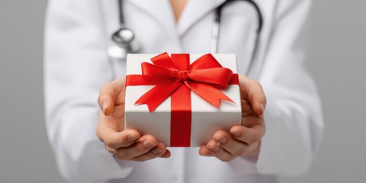 Doctor giving gift box showing gratitude in healthcare - Powered by Adobe