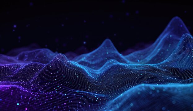 An abstract, digital rendering of a 3D landscape, resembling rolling hills with luminous particle effects