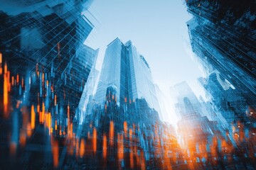 Low-angle view of skyscrapers against a bright sky, overlaid with an abstract financial chart
