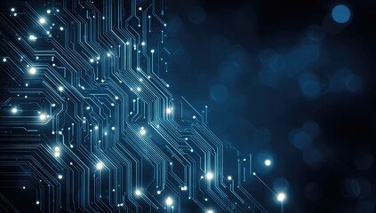 Abstract glowing circuit board with bright nodes and blue bokeh background