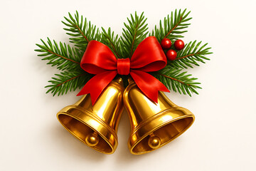 Christmas golden bells with red ribbon and evergreen branches festive decoration