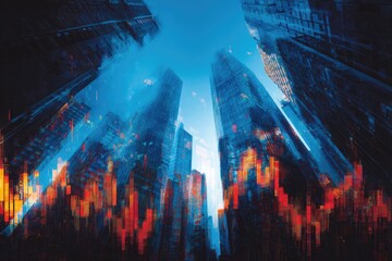 Low-angle view of modern skyscrapers with data visualization effects