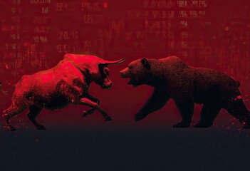 A red-toned image depicts a bull and bear in conflict, representing financial market dynamics