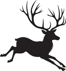 Black silhouette of a stag with large antlers running