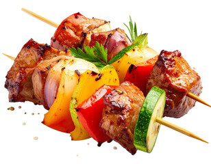 Meat and vegetable shish kebab isolated on a transparent background.