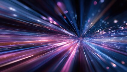 Dynamic abstract composition of light streaks in purples, blues, and oranges, resembling motion