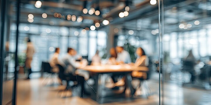 Blurred office setting with a meeting in progress, viewed through glass. Soft focus and bright lights - Powered by Adobe