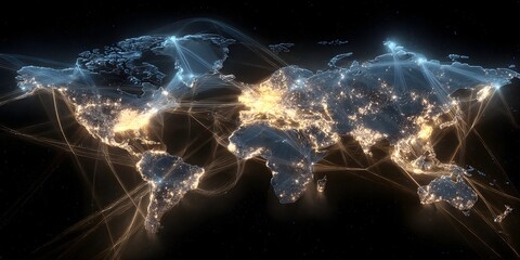Global illumination network visualization showing interconnected cities and continents with glowing lights and energy flow patterns across the planet at night
