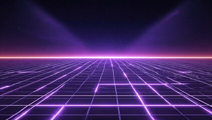 A retro-futuristic landscape with a neon grid floor, illuminated beams, and starry sky