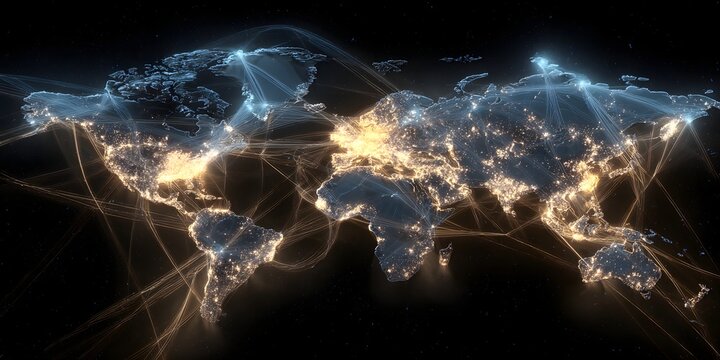 Global illumination network visualization showing interconnected cities and continents with glowing lights and energy flow patterns across the planet at night - Powered by Adobe