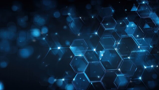 Abstract futuristic image features translucent blue honeycomb structures and glowing particles