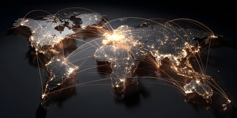 Illuminated world map at night showing global connections and urban light networks representing connectivity and technology