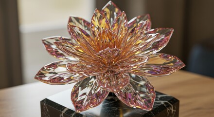 Elegant Faceted Crystal Lotus Sculpture with Iridescent Golden and Pink Reflections on Marble Base