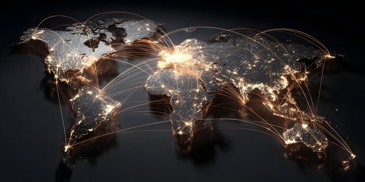 Illuminated world map at night showing global connections and urban light networks representing connectivity and technology