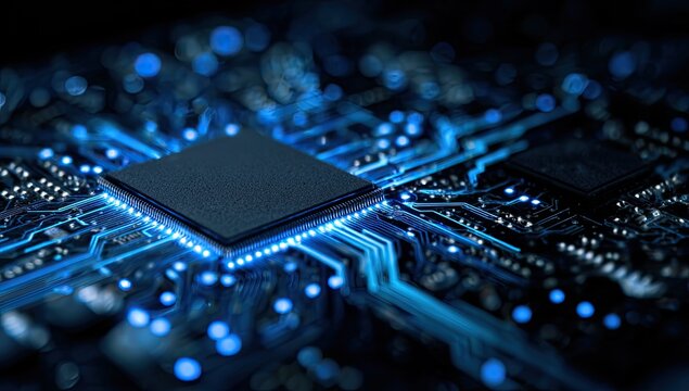 Illuminated close-up view of a central processing unit circuit board with glowing pathways - Powered by Adobe