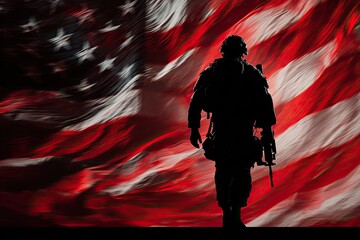 Naklejka premium Silhouette of soldier against vibrant American flag, a tribute to service and national pride