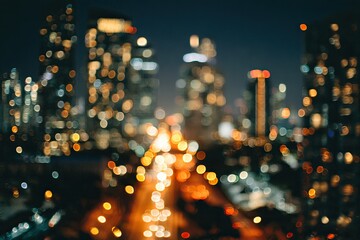 An aerial, blurred image depicts city lights with bright bokeh along a road and between skyscrapers at night