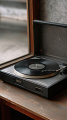 Vintage turntable vinyl record wooden window minimal decor evoke calm nostalgia
