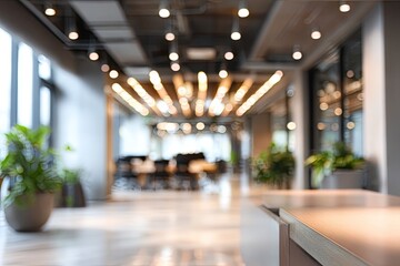 Blurry perspective of an office hallway with overhead lights, plants, and a modern aesthetic