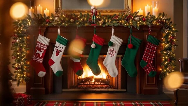 Cozy Christmas Fireplace Scene with Decorated Mantle and Warm Candlelight