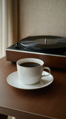 Obraz premium Coffee cup vinyl record player wooden table warm light cozy mood