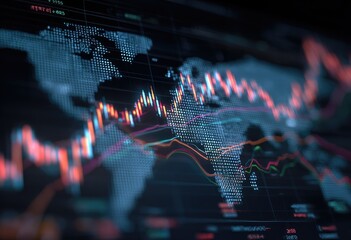 A digital display depicting a blurred world map overlayed with fluctuating financial graphs