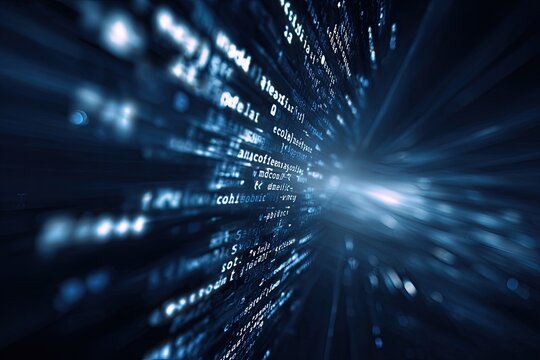 Abstract view of code flowing rapidly toward a light source, symbolizing data processing - Powered by Adobe