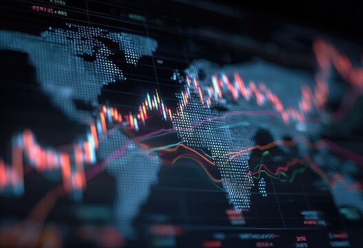 A digital display depicting a blurred world map overlayed with fluctuating financial graphs