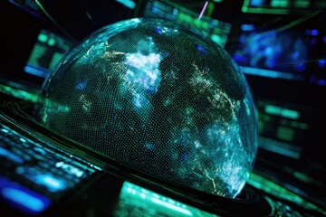 A glowing, holographic Earth is encased in concentric rings and surrounded by data displays