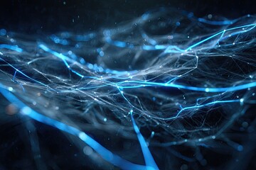 Abstract digital artwork featuring glowing blue lines weaving through a dark, smokey background