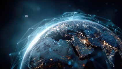 Nighttime Earth illuminated, overlaid with a network of connecting light nodes, showcasing global connections
