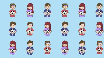 Seamless pattern of cartoon kids and teenagers holding soccer balls in a tile background animation. Repeat wallpaper with youth soccer team and football player icons. Sports and teamwork decoration. - Powered by Adobe