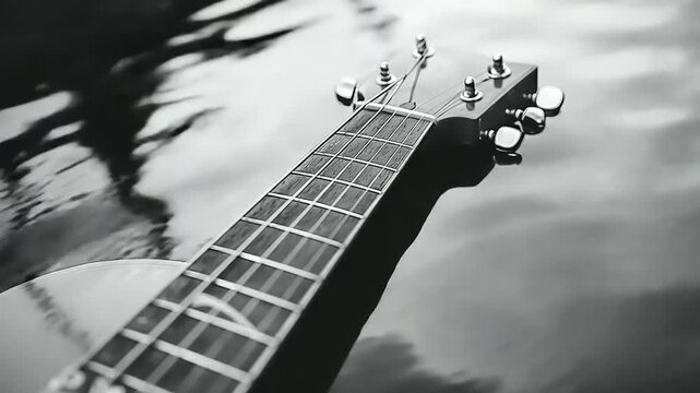 Ukulele rests in wavy, dark water, its strings and headstock visible.