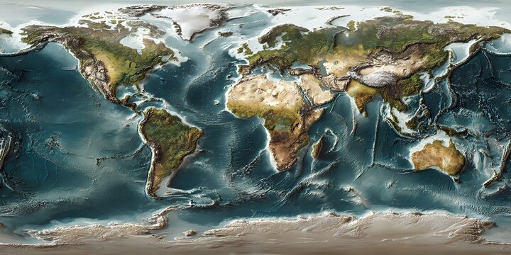 Detailed three dimensional perspective of the earth s continents and oceans showing landmasses and water bodies with topographical detail and atmospheric effects