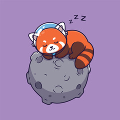 Cute Cartoon Red Panda Sleeping on Cratered Moon in Space Helmet . Vector Illustration of Whimsical Cosmic Nap Scene
