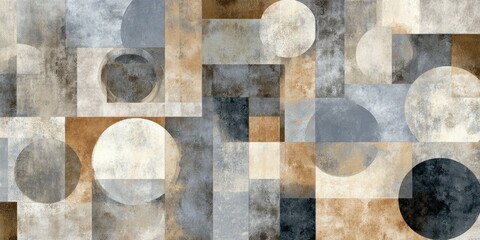 Abstract geometric composition featuring overlapping shapes, circles, rectangles in muted tones
